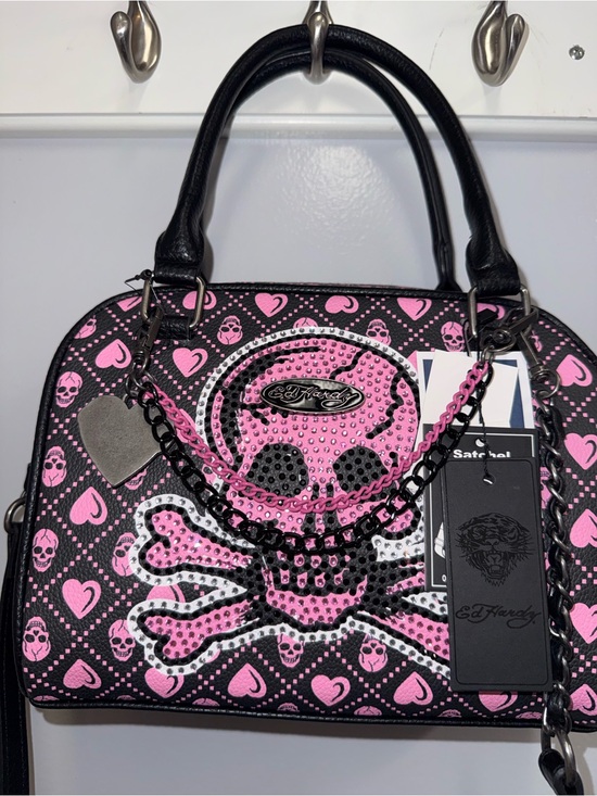 Ed Hardy Handbags - Ed Hardy Black & Pink Skull Satchel with Chain & Studded with matching wallet